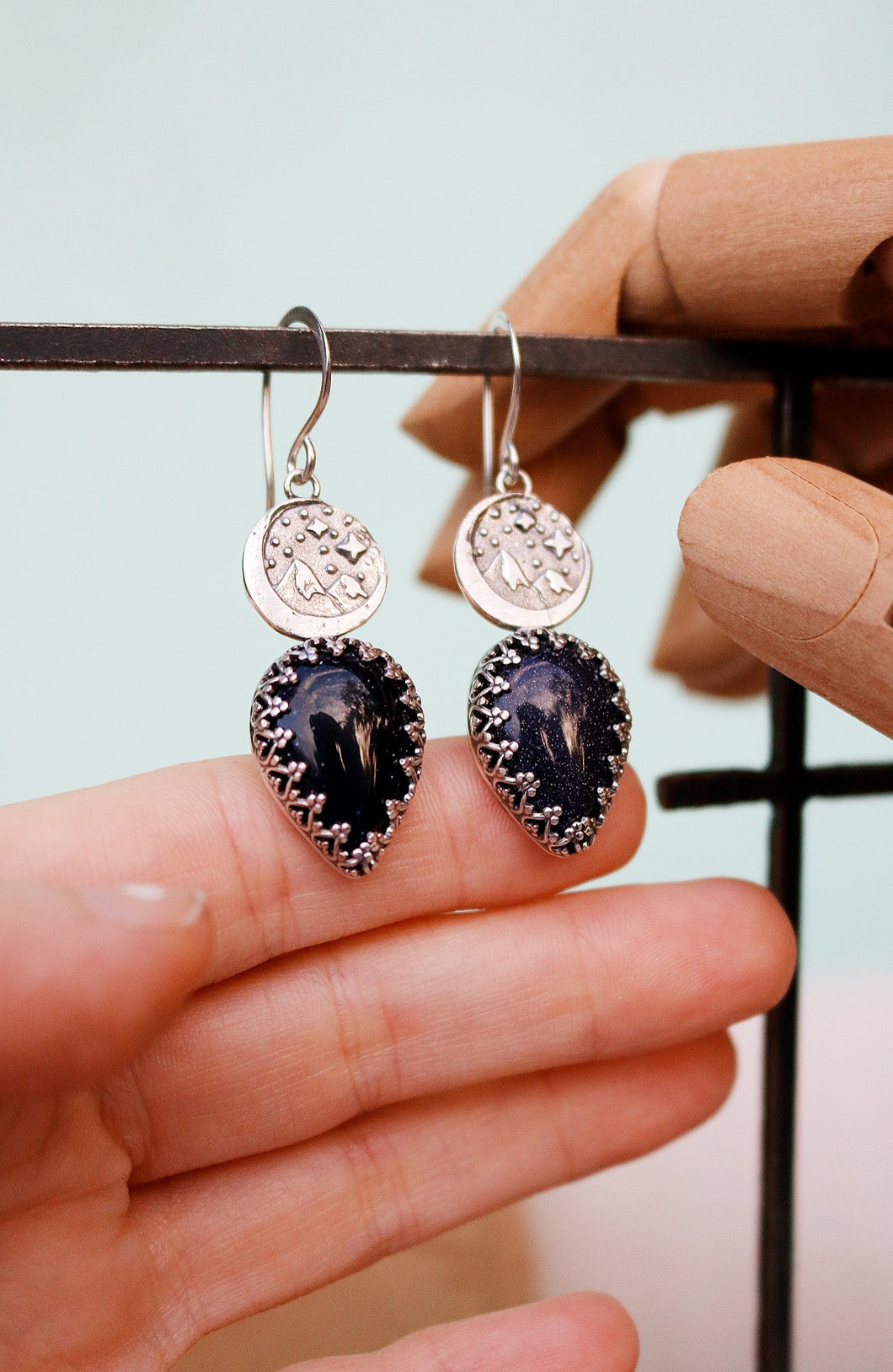 Velaris- Blue Goldstone + Sigil Earrings