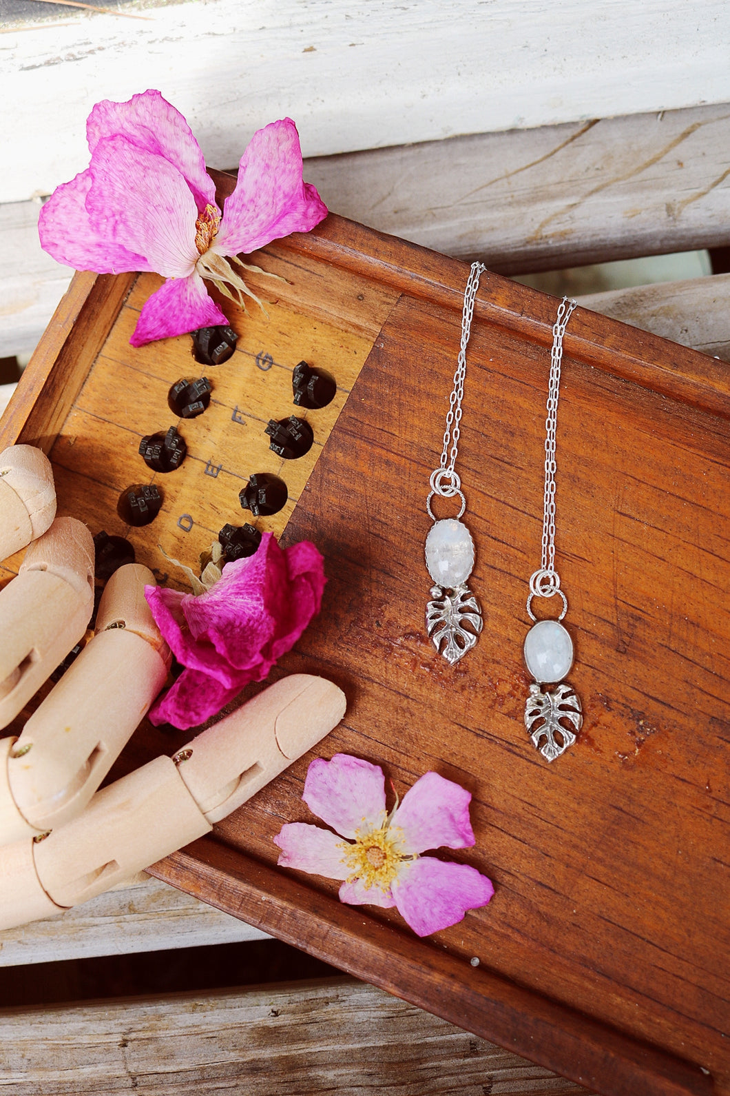 Monstera + Moonstone Necklaces