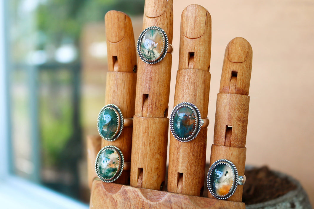 Twisted Moss Agate Rings