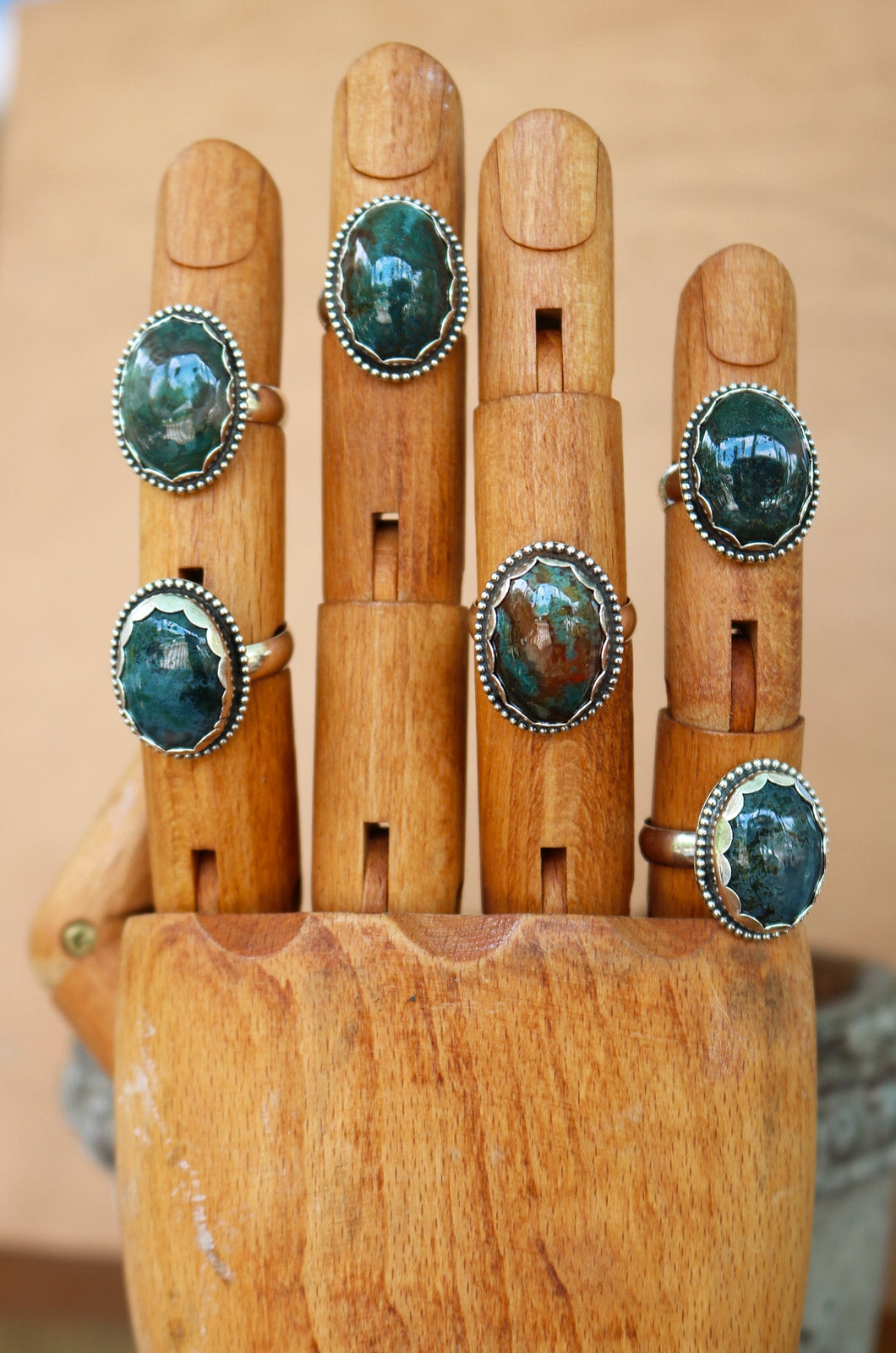 Moss Agate Dotted Frame Rings